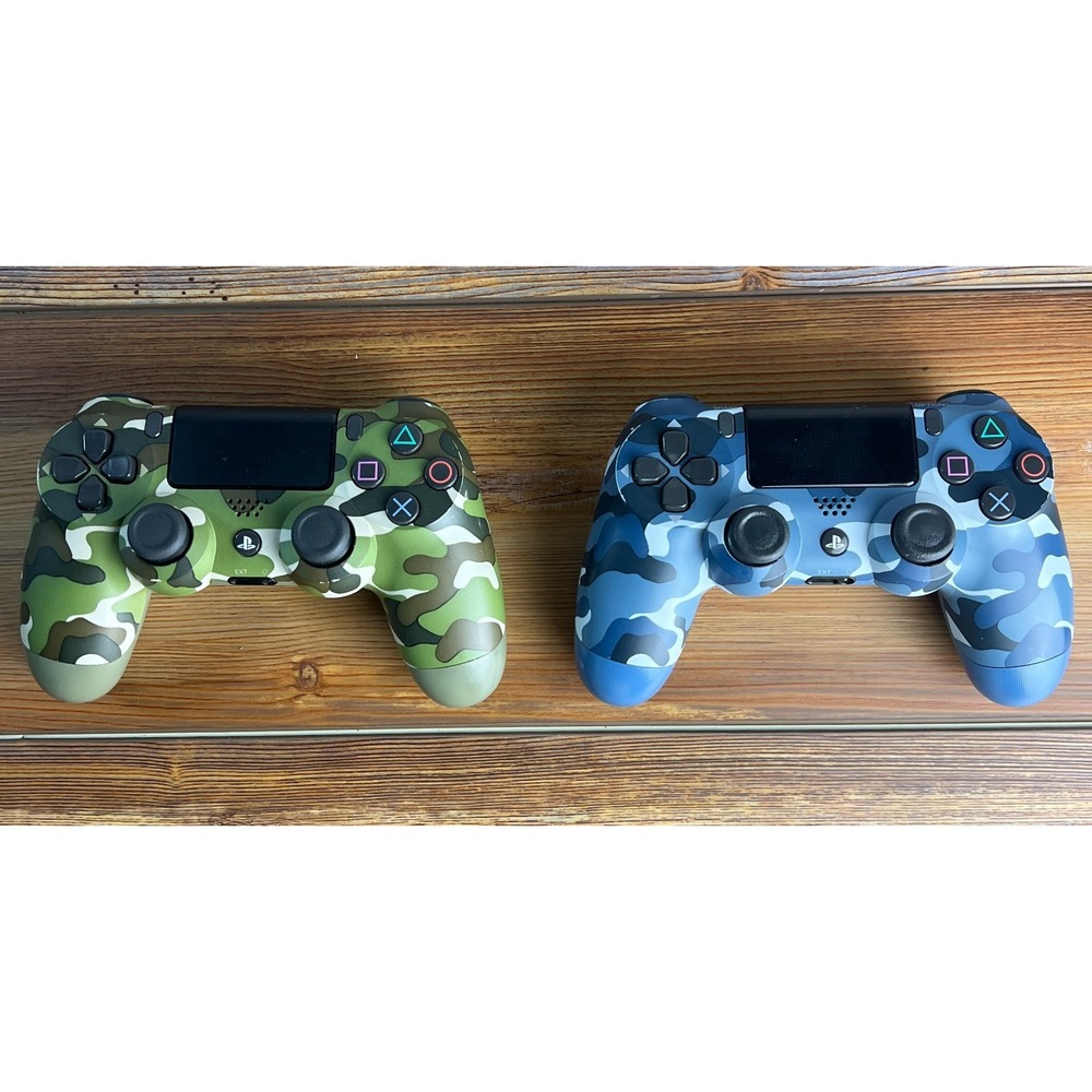 Lot of 2 Sony DualShock 4 PS4 Controllers Green + Blue Camo CUH-ZCT2U Used